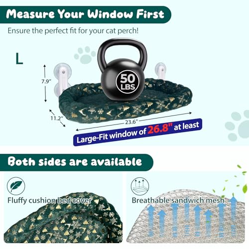 Image of L&W BROS. 2-Pack Foldable Cat Window Perches with Christmas Cushion Bed Easy to Assemble Cats Hammock for Window, Warm Indoor Cat Beds for Large Cats, Edition(M Green)