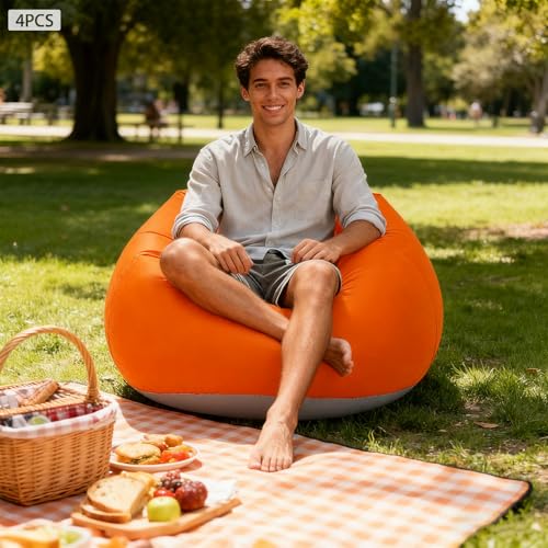 Image of 4 Pcs Inflatable Bean Bag Chairs with Foot Air Pump Outdoor Blow up Couch Folding Portable Inflatable Couch for Camping Movie Night, Lazy Sofa Chair (Orange X 4)