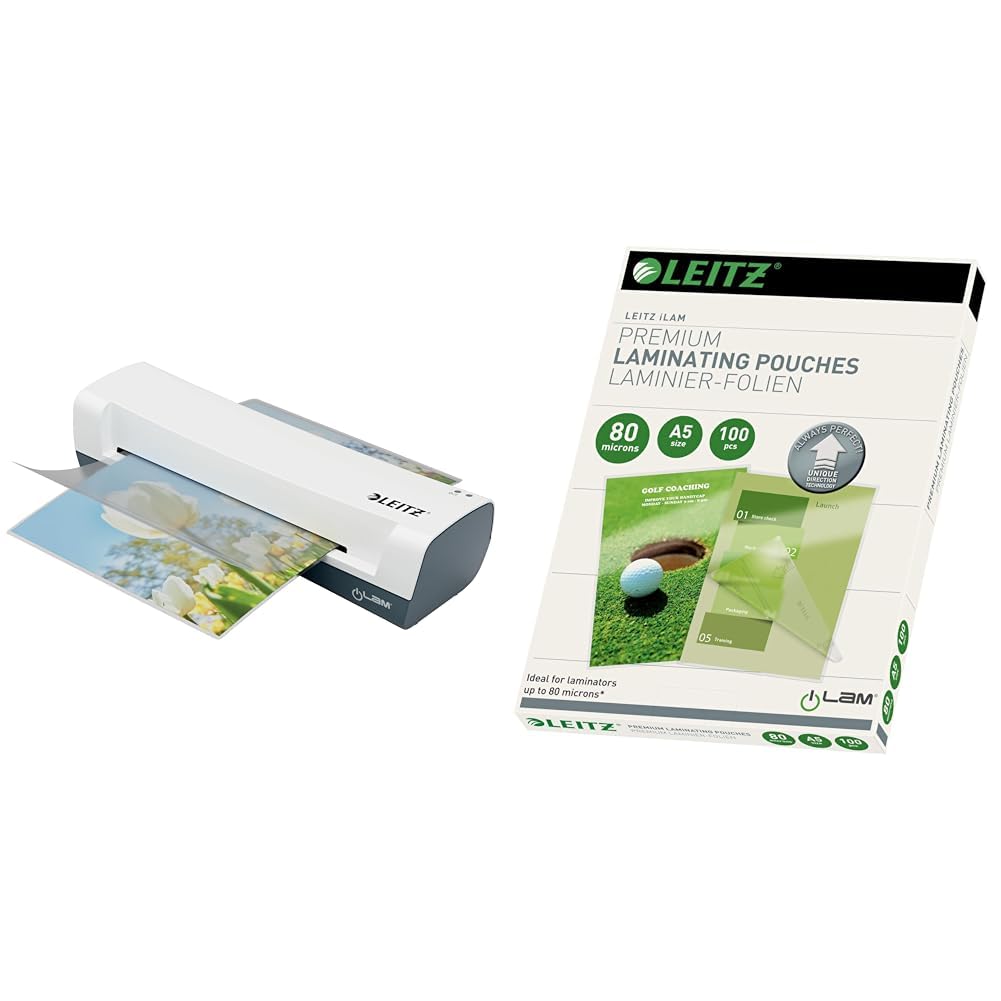 Leitz iLAM Home A4 Laminiergerät, Für 75 bis 125 mic Laminierfolien & Heißlaminierfolien A5 80 mic, Laminierfolien in Premium-Qualität im 100er Pack