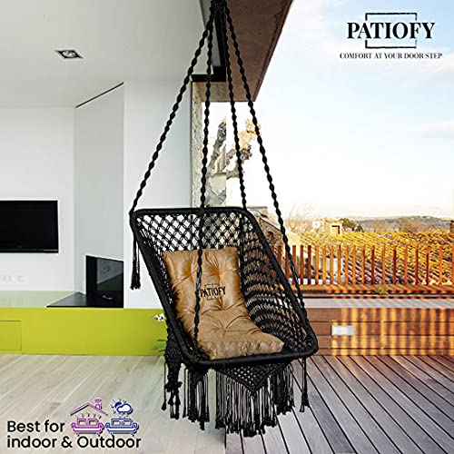 Image of Patiofy Made in India Premium Rectangle Shape Swing for Balcony /Hammock Hanging Swing Chair for Adults for Home /Jhula for Adults with Golden Cushion & Accessories for Patio, Garden (Black)