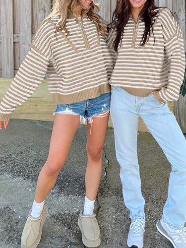 Image of ANRABESS Sweaters for Women Striped Half Zip Long Sleeve Ribbed Knit Pullover Comfy Casual Lightweight Tops 2026 Fall Fashion