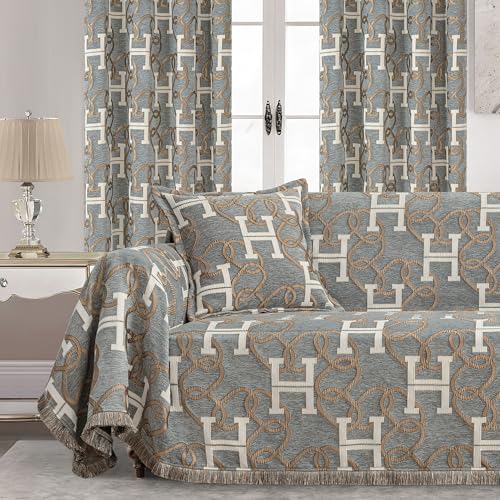 TOPWEAVE Modern Letter H Couch Cover for Sofa, Luxury Chain Patterns Jacquard Chenille Sofa Cover for Dogs, Soft Sofa Slipcovers Furniture Protector with Fringe for Pet, Cats(71x118, Gray)