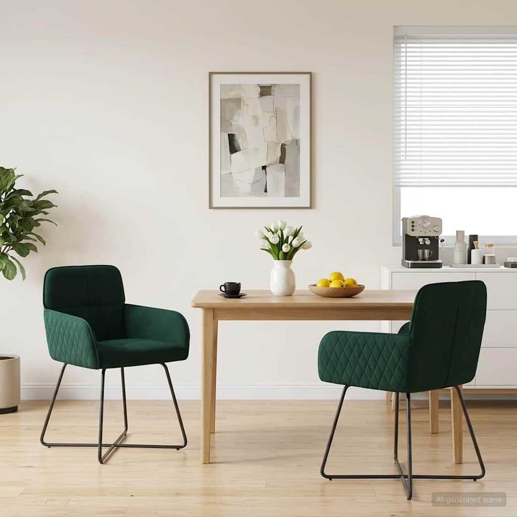 Krzesła do jadalni, zestaw 2 sztuk, aksamitne, ciemnozielone, 59 x 56,5 x 86 cm, z metalowym stelażem, ergonomicznym oparciem, podłokietnikami, nowoczesnym wzornictwem, trwałe, wygodne, łatwe