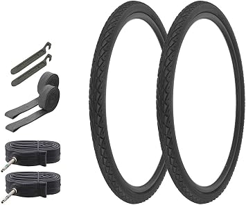 Bicycle 700 x 45C Black 2 Tires W/60mm Tubes, Strips, Nylon Levers AL-2209 Grooved-Slick Style|Two Tire + 60mm Presta Valve Tube + Lever + RimStrip