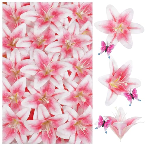 32 Pack Large Artificial Lilies Flower Heads with Realistic Stamens 5.5 Faux Fake Lily Silk Flower Heads Bulk with Butterfly for DIY Crafts Cake Wedding Bridal Wreaths Table Home Party Decoration