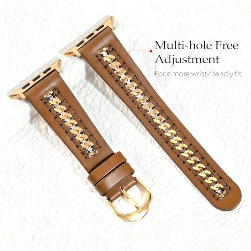 Image of HANDODO Italian Genuine Leather Band with gold chain details, Compatible with Apple Watch Series 11 10 9 8 7 6 5 4 3 2 1 SE SE2 Ultra 2 /3, SGS Certified Fashion Dressy Strap for women men