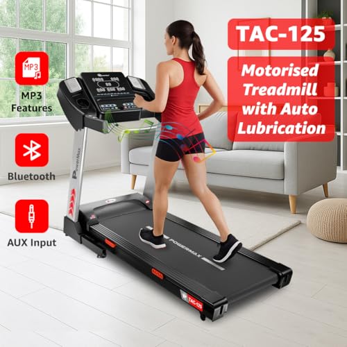 Image of PowerMax Fitness TAC-125 5HP Motorised Auto Incline Treadmill for Home Use, Max User 130kg, Max Speed-18kmph, BMI Calculator, Running Deck 1300x460mm, LED Display, Aux, Bluetooth for Music