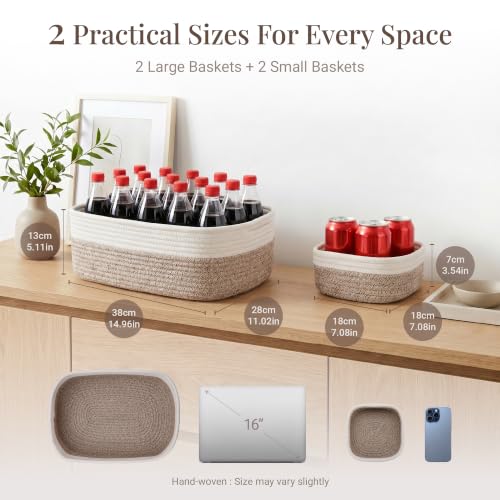 4-Pack-Large-Woven-Rope-Storage-Baskets-2-Sizes-Organizer-Bins-Fabric-Cube-Boxes-and-Rectangular-Shallow-Bins-for-Closet-Shelf-Bookshelf-Nursery-Changing-Table-Bathroom-Toys-Home