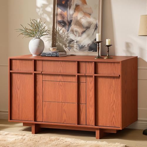Image of Sideboard Buffet Cabinet with Storage, 47.2 inch Large Sideboard with 2 Doors & 3 Drawers, Mid Century Modern Credenza with Skeleton Line&Wood Grain for Living Room, Kitchen and Entryway, Cherry