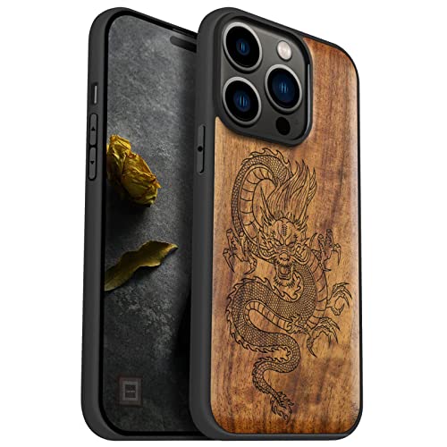 Protection antichoc en bois pour iPhone 14 Pro avec design dragon Carveit