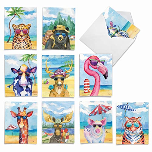 The Best Card Company Assorted Funny Wildlife Watercolor Blank Greeting Card Box Set - Incl. 10 Unique Notecards Designs + Envelopes for Thank You, Invitations - Animal's Day Off AM6670OCB-B1x10