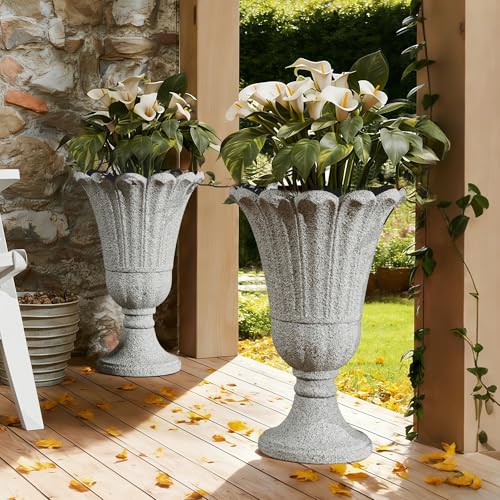 Diyfire Tall Urn Planters for Outdoor Plants Set of 2-23.6" H Vintage Petal Design Outdoor Planters for Porch Decor with Drainage Holes, Indoor Large Flower Pots, Pedestal Planter/Garden Vase, Gray by Diyfire - Used condition - CA$181.23