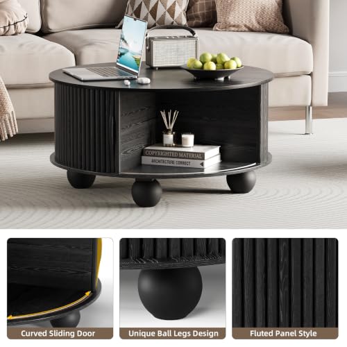 Image of JOINICE 31.5 inch Round Coffee Table with Storage,Unique Bun Feet,Black | Modern Center Table for Living Room,Hidden Storage,Fluted Sliding Door,Solid Wood Legs,Easy Assembly,Up to 110 lbs