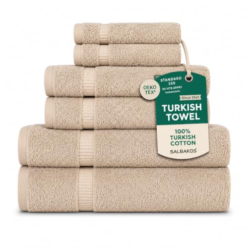 SALBAKOS 100% Turkish Cotton 6-Piece Towel Set | Heirloom Quality Hotel & Spa Collection | Soft, Super Absorbent 2 Washcloth, 2 Hand, 2 Bath Towel Sets | Made in Turkey (Taupe, 6 Piece Towel Set)