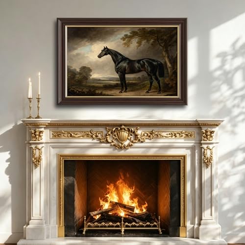 Image of Framed Vintage Black Horse Canvas Wall Art, Antique Equestrian Oil Painting Canvas Prints Pictures, Classic Farmhouse Wall Decor for Living Room Bedroom Office Man Cave