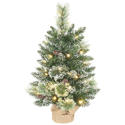 HOMCOM Árbol de Navidad con 35 Luces LED, 60 cm, Mini Árbol de Navidad Artificial con 64 Ramas Densas con Nieve, Piñas, Bayas y Base de Arpillera, Decoración Navideña de Mesa para Casa, Oficina, Verde