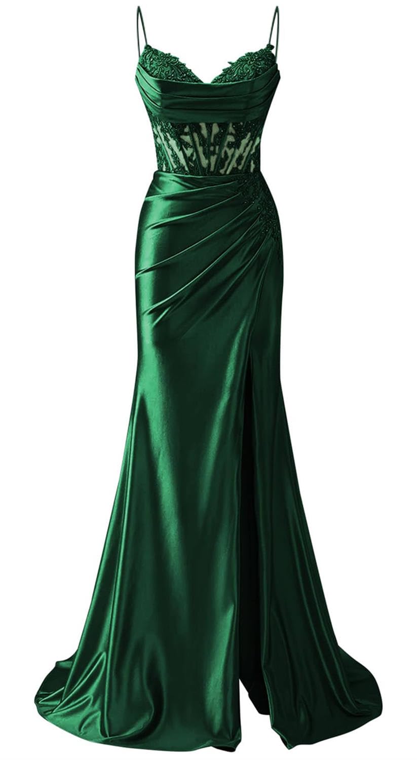 Kiyne Women's Emerald Green Prom Dresses With Slit For Spaghetti Strap Lace Applique Mermaid Formal Dress Corset Long Homecoming Party Gown Uk12