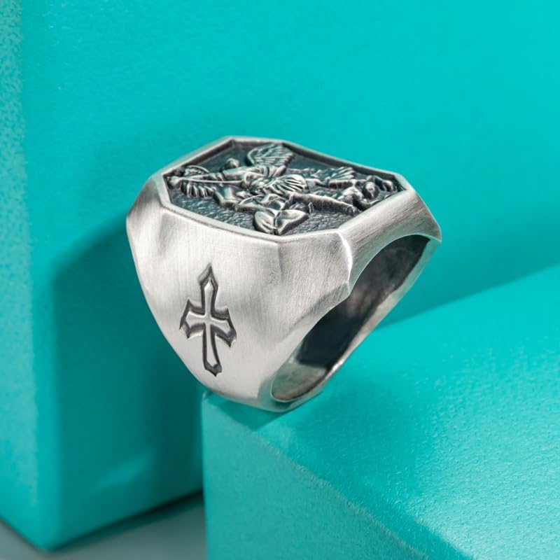 Miniatura 4 de AnuClub Anillo de plata de ley S999 de San Miguel El gran protector Arcángel derrotando a Satanás figura amuleto para hombre