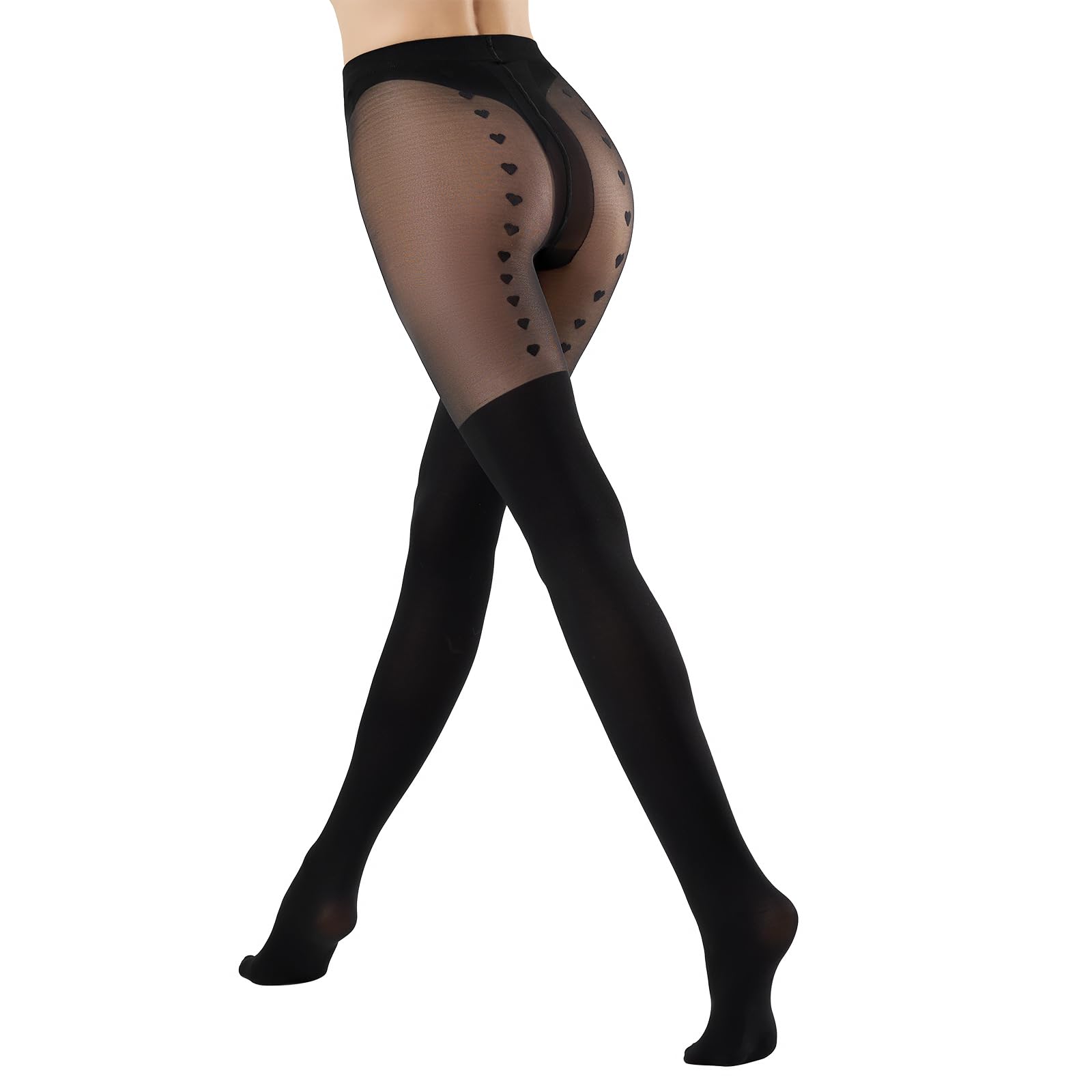 Manzi Women's Black-Heart Mock Suspender Tights Plain Metallic Sparkle Mock Hold Ups Heart Patterned