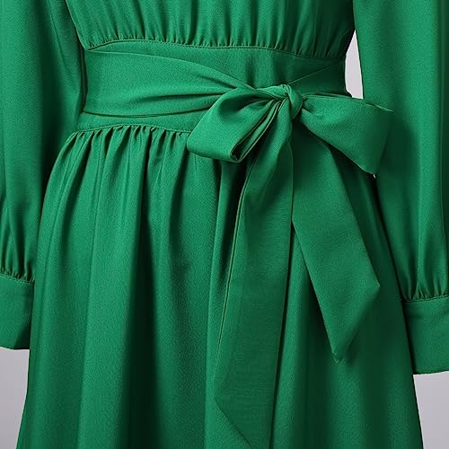 Image of CAMDOM Church Clergy Dress for Women Long Sleeve A Line Elegant Maxi Dress with Tab Insert Stand Collar and BeltA