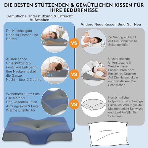 Hypuno Nackenstützkissen gegen Nackenschmerzen, orthopädisches Kopfkissen, ergonomisches Memory Foam Nackenkissen mit 2 Höhen, Hohlraum & kühlendem Bezug, für Seiten- und Rückenschläfer - Dunkelblau