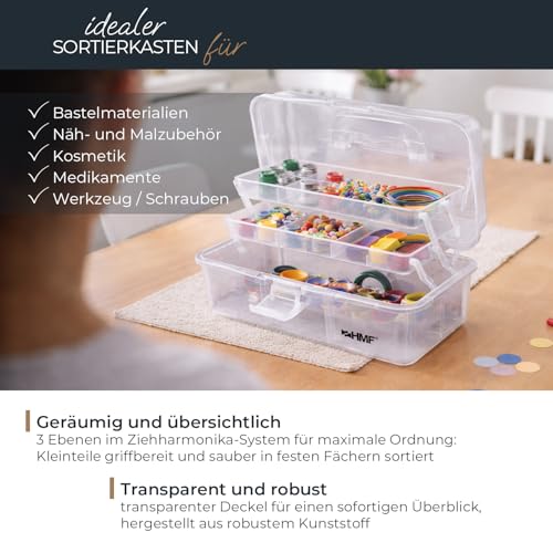 HMF Nähkasten aufklappbar mit 3 Ebenen, Sortierbox für Kleinteile | 33 x 20 x 15 cm | Transparent