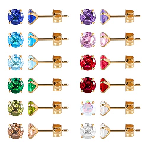 12 Pairs 18K Gold Plated Surgical Stainless Steel Stud Earrings, Star Heart Stud Earring for Women...