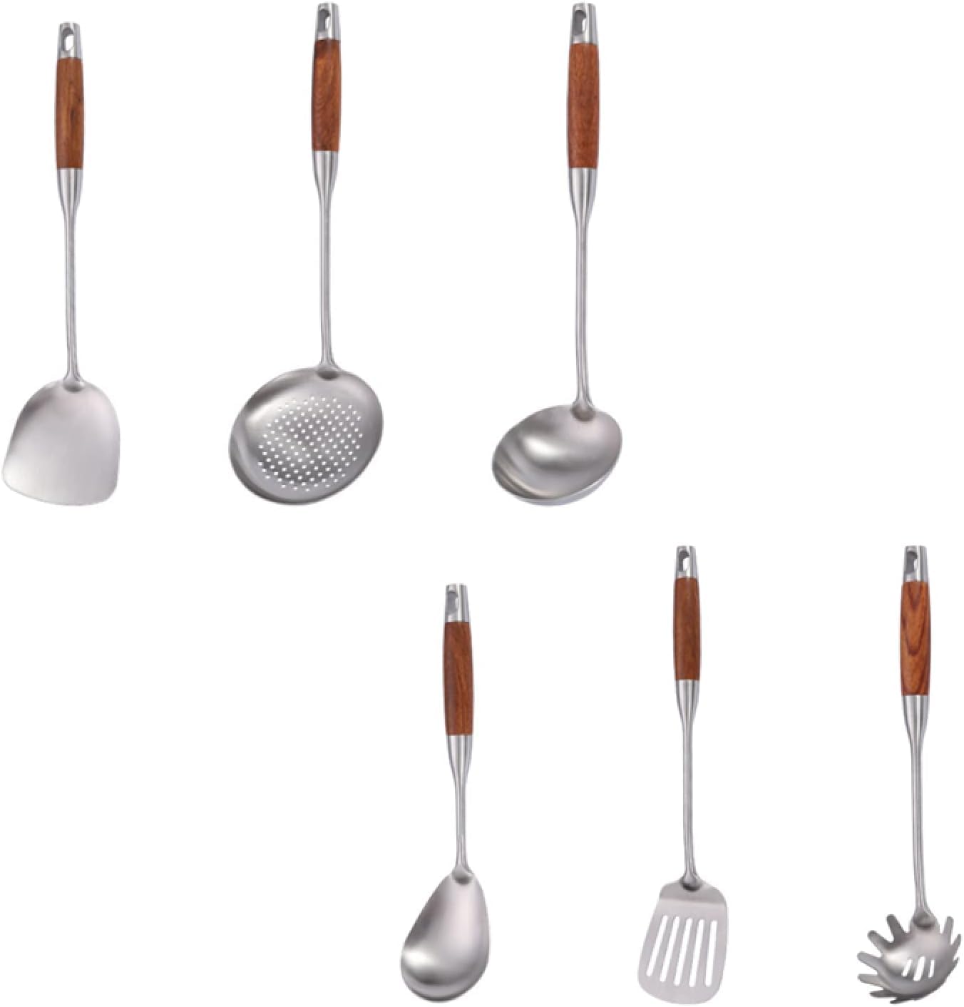 Juego de Utensilios de Cocina, Utensilios Cocina, Utensilio de Cocina con Mango de Madera de Acero Inoxidable 304, espátula, Pala, Cuchara, colador, Utensilios de Cocina, Juego de 6 uds.