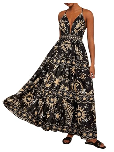 Image of SHENHE Women's Summer Tropical Sundress Deep V Neck Criss Cross Backless Flowy Maxi Dress
