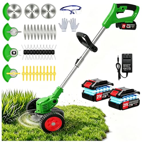 21V Electric Weed Wacker, Cordless Weed Eater Battery Powered, Lightweight Stringless Weed Trimmer with 2 Battery Operated & Wheels, 4 in 1 Grass Trimmer/Brush Cutter/Lawn Edger/Mower for Garden Yard