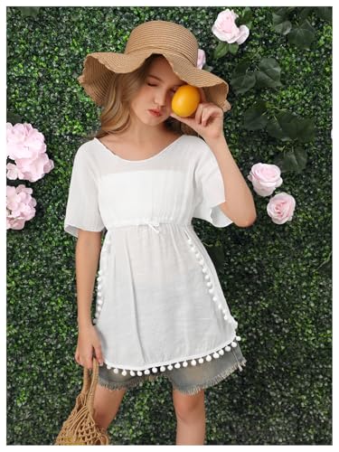 Image of SOLY HUX Girl's Short Sleeve Swimsuit Coverups Fringe Trim Swim Cover Up Beach Dress Beachwear
