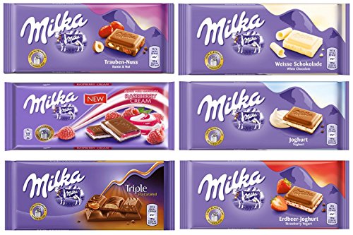 Milka Assorted Chocolates 100g Variety Pack (Raisin & Nut/Raspberry Creme/Triple Caramel/White, 6 Bars)