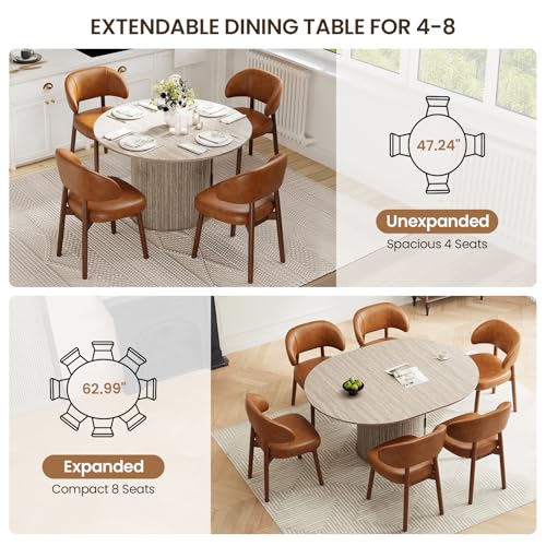 Image of MALOL 47 inch-63 inch Extendable Round to Oval Dining Table Chairs Set for 4-8, Modern Wooden Kitchen Table and Chairs with Hidden Storage and Fluted Design for Dining Room /Small Space(White and Brown)