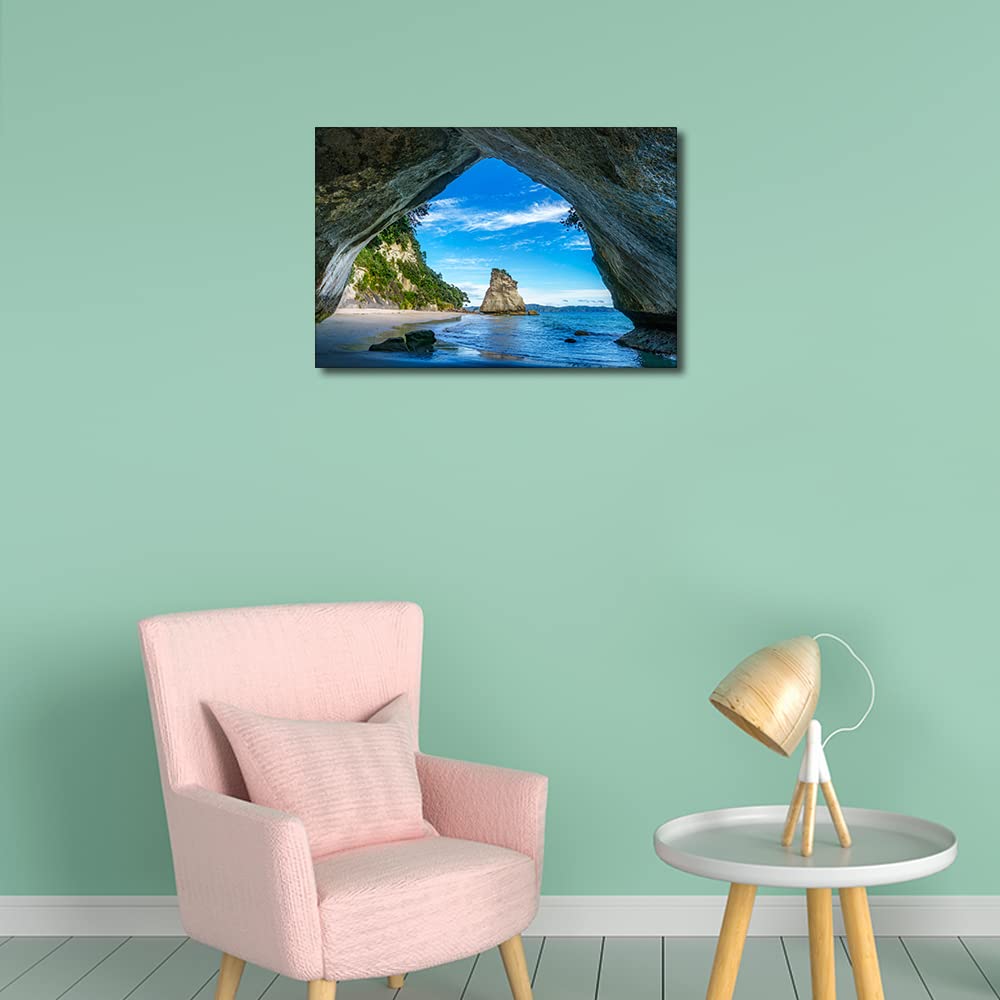 Canvas Wall Art Cave at Cathedral Cove Coromandel Coromandel Painting Canvas Artwork Sea Nature Picture for Home Office Wall Decor Framed Ready to Hang 16x24inch - Image 4