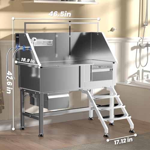 Image of 46 inch Dog Washing Station, Professional Stainless Steel Dog Bathtub w /Ramp & Storage Drawer, Adjustable Grate, Non-Slip Design, Perfect for Home Grooming & Large Dogs (46 inch Right Stair)