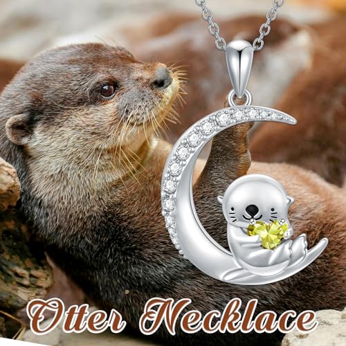 Image of PROESS Animal Birthstone Necklace 925 Sterling Silver Otter /Axolotl /Hippo /Elephant /Dachshund /Monkey /Red Panda Pendant Necklace Animal Birthstone Jewelry Gifts for Women
