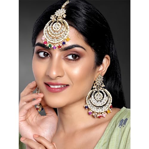 Image of Peora Traditional Jewellery Rhodium Kundan & Pearl Maang Tikka Earring Set for Women Girls