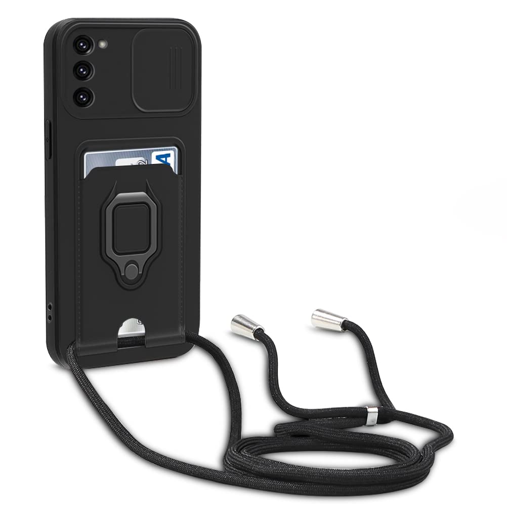 Protección de Cámara Funda Compatible con Samsung Galaxy S21 FE 5G, con Anillo Soporte, Ajustable Collar Correa de Cuello Cordón Carcasa de Silicona-Negro