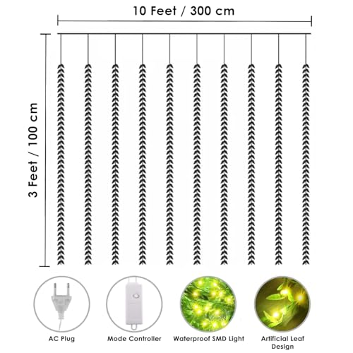 Image of HashWOW Artificial Leaf Curtain Lights - 200 LED Fairy String Lighting for Home & Event Decoration, Perfect for Bedroom, Garden, Birthday & Festive Decor (10x3Feet, Green Color) Corded Electric
