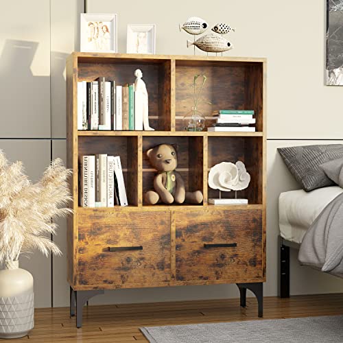 Ironck Bookshelf, 3-Tier Cube Bookcase With 2 Drawer With Metal Legs, 9.4" D X 32" W X 43" H Office Bookshelves For Living Room, Office, Bedroom Easy Assembly #TOP6