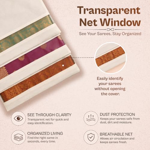 Image of JD FRESH 12 Pcs Cotton Saree Bags /Covers with Dual Zipper Storage /Transparent Mesh Window Cloth Storage Bag /Multi-Purpose Clothes Covers for Dresses /Sarees /Lehengas (18 x 15 Inch, Beige)