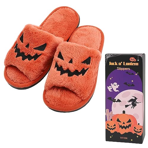 TITTOK Spooky Slides Halloween Slippers Jack O Lantern Pumpkin Soft Plush Cozy Open Toe Indoor Outdoor Fuzzy Slippers Gifts For Girls Women Girlfriend Men - Image 2