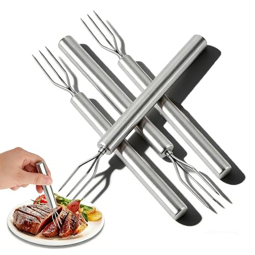 VZU Set of 4 Stainless Steel Potato Forks, 18.3 x 1.9 cm Fur Potato Fork, Fruit and Vegetable Fork, Corn Fork, Reusable Peeling Aid, Portable BBQ Tool for Camping, Hiking