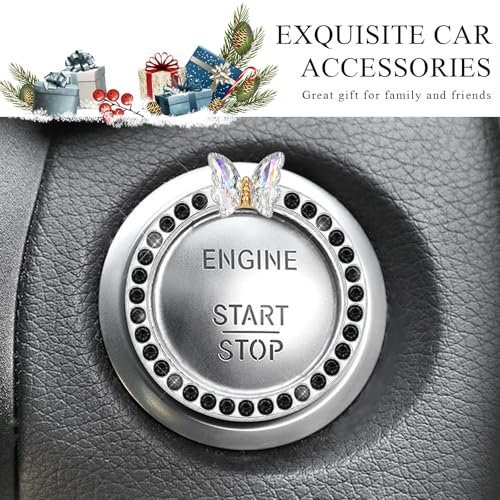 Image of DXNQ Bling Ring Emblem, Sparkling Butterfly Car Buttons and Knobs Ring, Girly Butterfly Diamond Car Engine Start Button Cover, Key Ignition Knob Rings Decoration for Women (Black, Single Row)