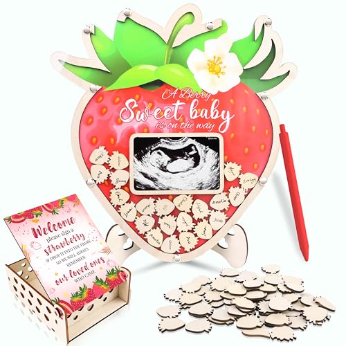 Baby Shower Guest Book Alternatives Strawberry - 63 Pcs Berry Sweet Baby Shower Decorations Guest Book - Strawberry Gender Reveal Decorations with Pen, 60 Wood Slices, Sonogram Photo Frame Keepsake for 60 Guests