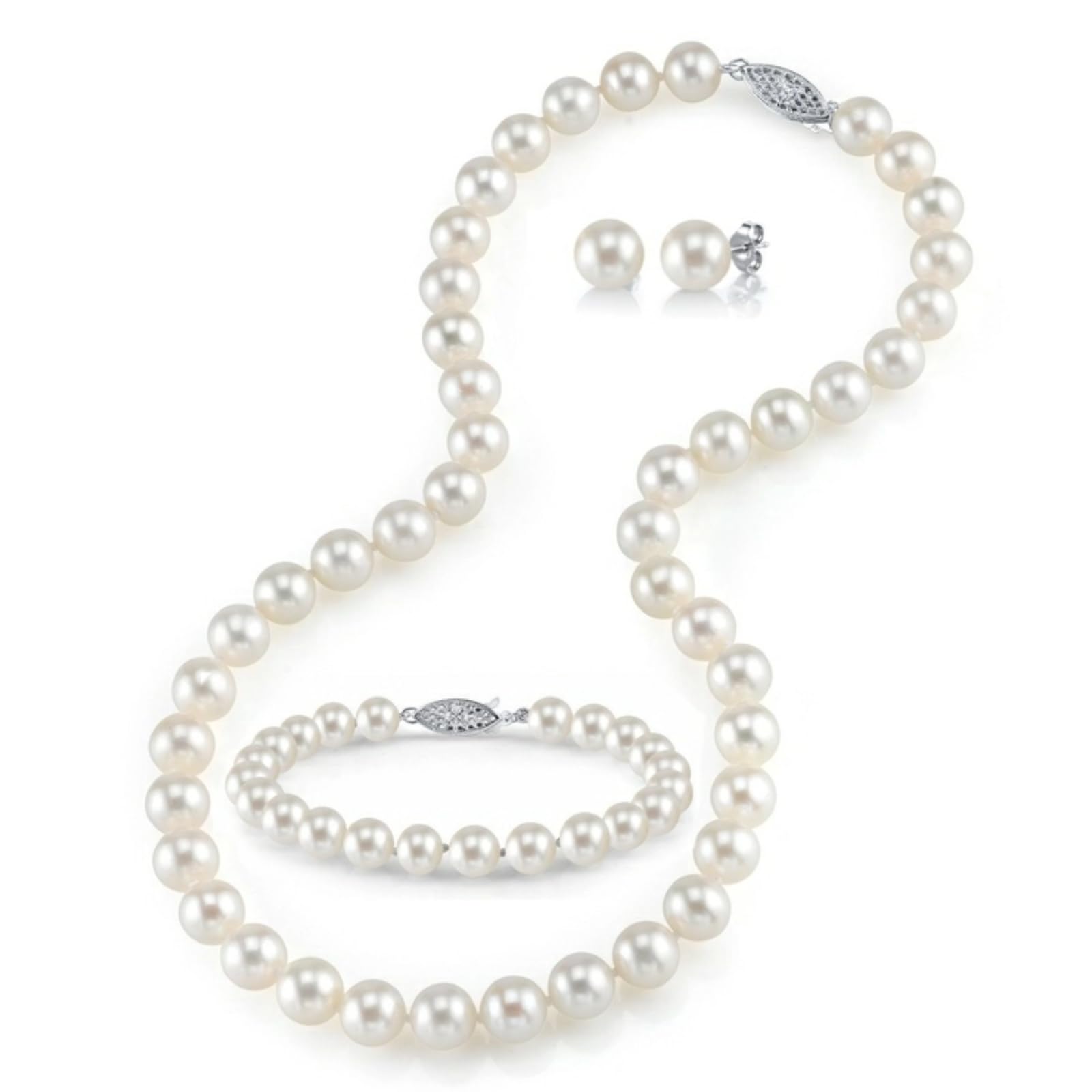 14K Gold 7.0-7.5mm Freshwater Cultured Pearl Set for Women Includes Necklace, Bracelet, and Earrings