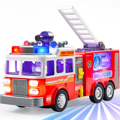 JOYIN Camião de bombeiros LED de brinquedo para crianças de 3 4 5 anos, projeção LED e sereias, com interruptor de modo e controlo de volume, ambulância brinquedo, camiões de brinquedo para meninos e