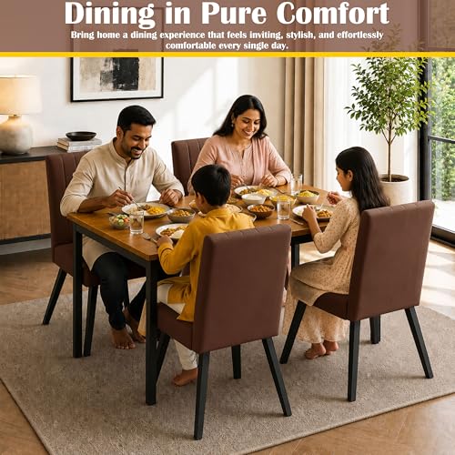 Image of Rosebell Set of 4 Dining Table Chairs with Wooden Top Table, Upholstered Cushioned Chairs, Modern Compact Dining Set for Home, Kitchen & Dining Room (Brown)
