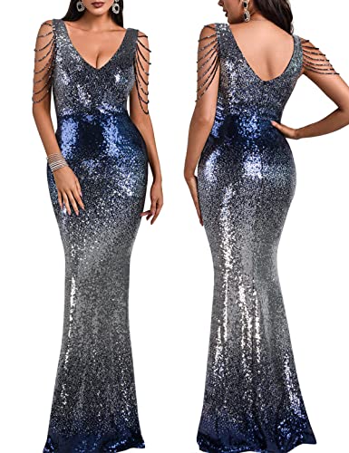 Image of Women 1920s Plus Size Formal Dress Tassels Sleeve Sequins Gatsby Maxi Evening Gown
