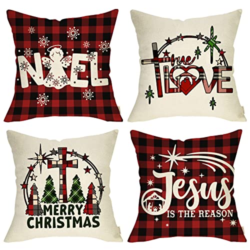 Fahrendom Rustic Farmhouse Style Noel Farms Merry Christmas Trees Red Vintage Truck Winter Holiday Sign Cotton Linen Home Decorative Throw Pillow Case Cushion Cover with Words for Sofa Couch 18x18 in